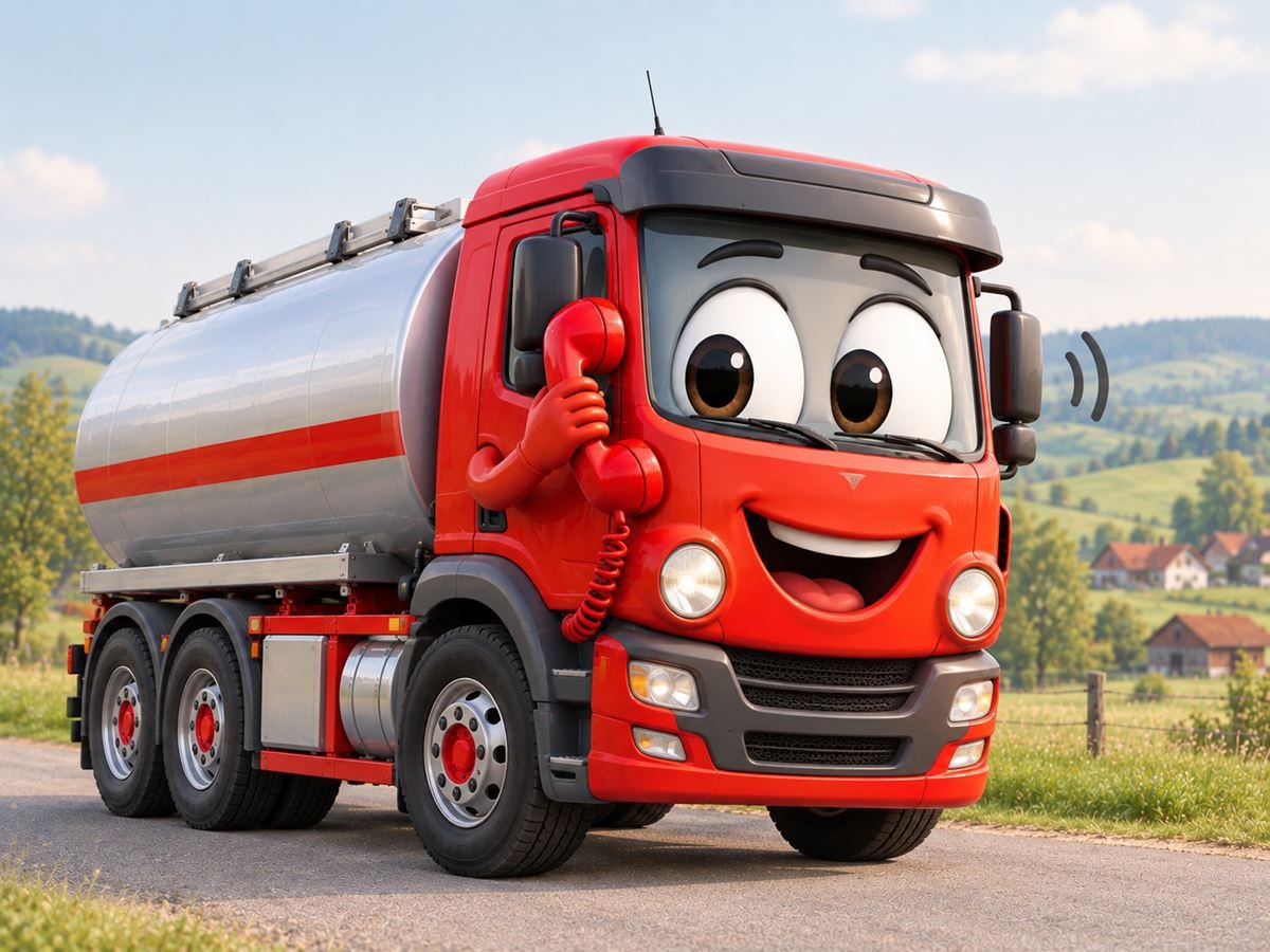 Gezeichneter roter Heizöl-Tankwagen mit freundlichem Gesicht, der einen großen roten Telefonhörer ans Führerhaus hält und lächelnd telefoniert