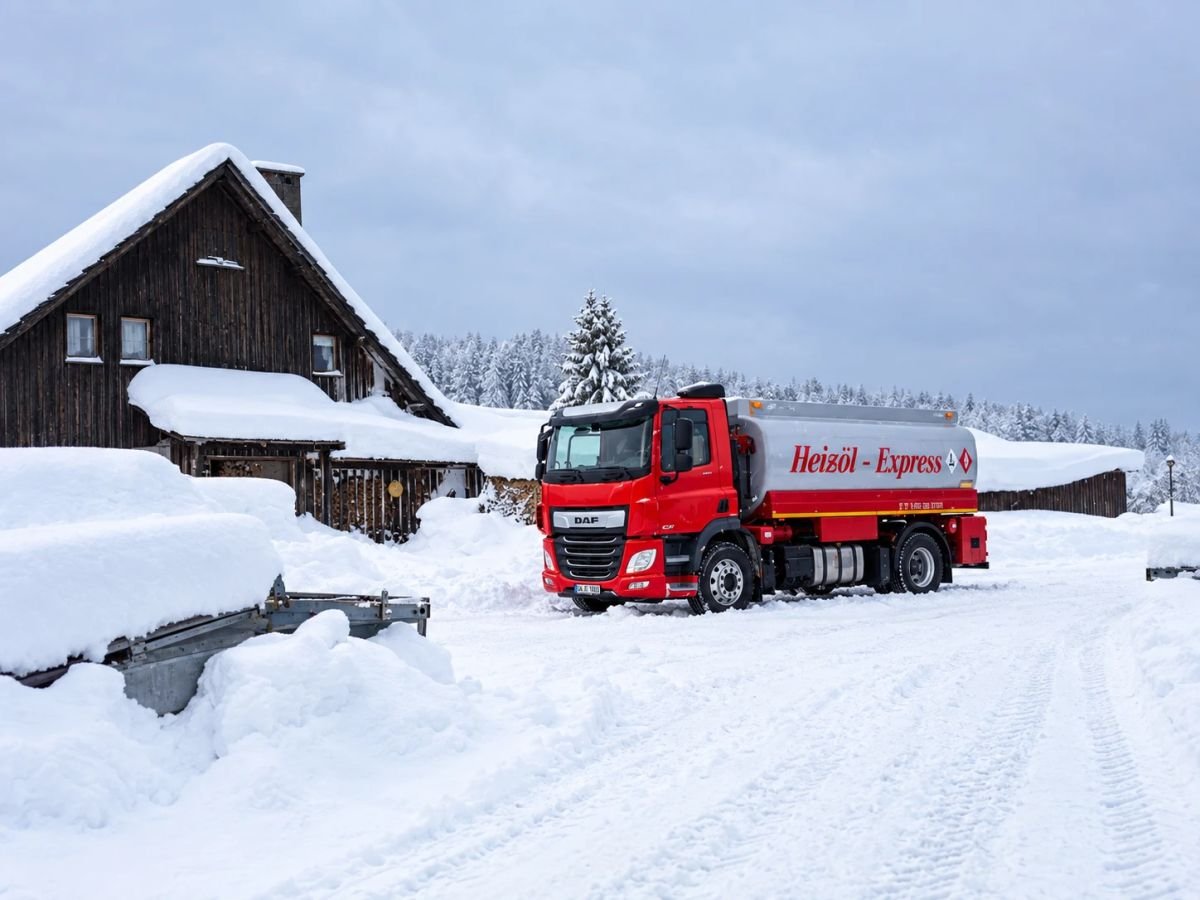Roter Heizöl-Express Tankwagen ohne Anhänger auf einem verschneiten Hof vor einem tief eingeschneiten Holzhaus, dahinter verschneiter Nadelwald